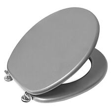 18" SILVER MDF UNIVERSAL BATHROOM WC TOILET SEAT WITH FITTINGS ADJUSTABLE HINGES