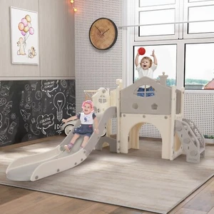 6 in 1 Toddler Slide with Climber, Basketball Hoop, Tunnel,Gray and White - Picture 1 of 10