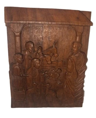 Vintage Nativity Wooden Plaque Hand Carved Free Standing Sculpture Nice - Image 1 of 4