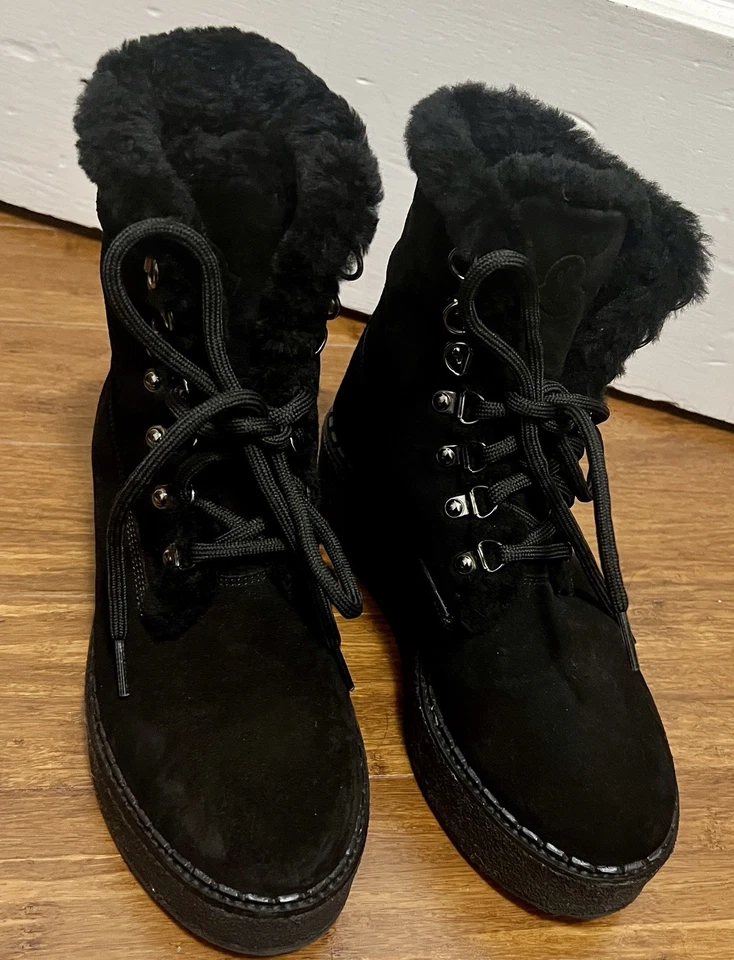 Moncler Cuero Gamuza Piel de oveja Botas de Combate Negras EU38 US7 Mujer Suela de Goma Foto 1 de 4