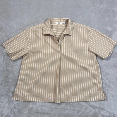 Camisa Uniqlo Mujer Mediana Beige Blanco Rayas Blusa Popover Ligera Informal Foto 1 de 4