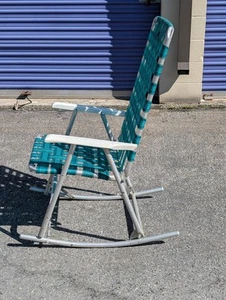 VINTAGE ALUMINUM FOLDING ROCKING LAWN CHAIR Blue Green Webbing 41" Tall - Picture 1 of 10