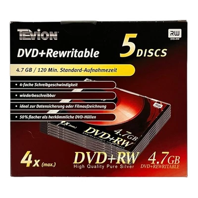 Tevion DVD+RW 4,7 GB 120min Rohling 5 Stück NEU & OVP - Bild 1 von 2
