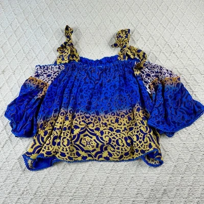 Блузка Artelier Nicole Miller с открытыми плечами синяя желтая галстук через плечо женская L - Изображение 1 из 4