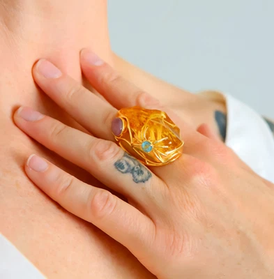 Baltic Amber Cocktail Ring -14k Gold Plated s925 Spider Ring Adjustable - Image 1 of 4