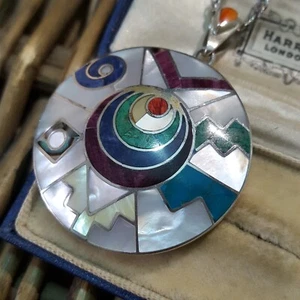 Vintage Fine Silver Necklace, Mother Of Pearl And Gemstones Pendant, Purity 950 - Picture 1 of 9