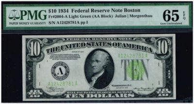$10 1934 Boston FRN. LIGHT GREEN SEAL. Tough LGS Note. PMG 65 EPQ - Image 1 of 4