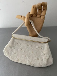 Vintage 1940s 50s White Beaded  Bow Motif cocktail handbag Handmade Belgium - Picture 1 of 14