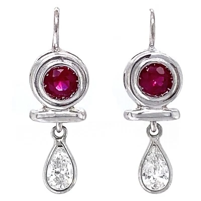 Ruby & Diamond Drop Earrings in 14K White Gold w Leverback Wires - Image 1 of 4