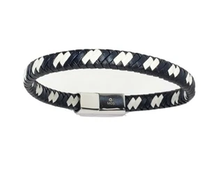 Braided BLACK & WHITE Leather Bracelet with MOS Symbol and Magnetic Clasp, 8 In - Picture 1 of 7