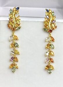 14k Yellow Gold Dangle French Clip Earrings, Natural Color Sapphire 5.24 Grams