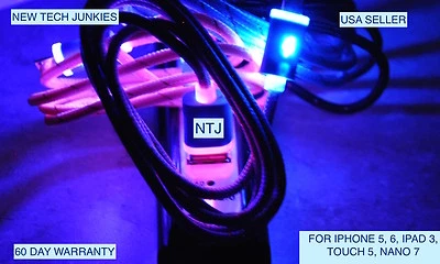 NTJ FLASH BRAIDED LED light-up power charger cable for iPhone 7 6 5 4s micro USB - Image 1 of 4