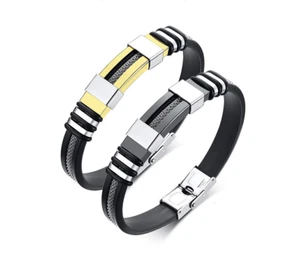 Vnox Stainless Steel Bracelet Men Wrist Band Black Grooved Rudder Silicone Mesh - Picture 1 of 1