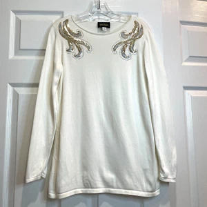 Bob Mackie Wearable Art Ivory Sequins Long Sleeve Boat Neck Pullover Sweater S - Picture 1 of 15