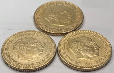 1963 Spain Una Peseta (63, 64, 65 in the Star 3 COIN LOT) KM# 775 US SELLER - Image 1 of 2
