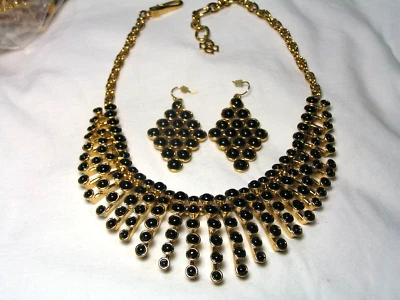 ..ANN TAYLOR...Gold Tone,Black Lucite Bib Necklace & Dangle Pierced Earrings Set - Image 1 of 4