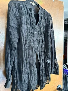 Coldwater Creek Top Blouse Tunic Button Up Women's L Collared Black - Picture 1 of 12