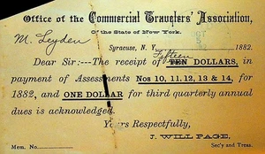 Commercial Travelers Association Receipt Syracuse NY 1882 - Picture 1 of 1