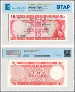 Fiji 5 Dollars, 1974 ND, P-73a, UNC, Authenticated Banknote - Picture 1 of 1