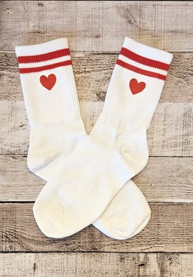 Women's Mid-Calf Striped Socks -Red Stripes And Heart- Cute Fashion Accessories - Image 1 of 4