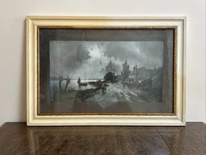 Vintage signierter & gerahmter ländlicher Landschaftsdruck - stimmungsvolle Abendszene - Bild 1 von 13