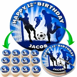 FOOTBALL BLUE BIRTHDAY PERSONALISED EDIBLE CAKE TOPPER & CUPCAKE TOPPERS SV-713 - Picture 1 of 2