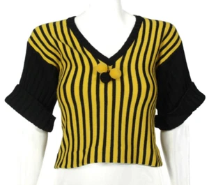 Vintage Black Yellow Striped Pom Pom Cropped Cheerleader Sweater Womens XS /457 - Picture 1 of 6