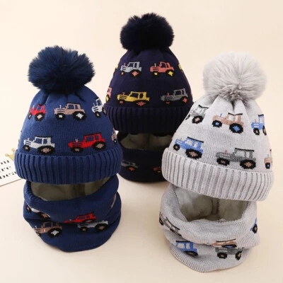 Boys Cartoon Car Winter Hat Neck Warmer Scarf Kids Knit Fleece Beanie Warm Set - Image 1 of 4