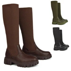Womens Knee High Boots Ladies Chunky Grip Sole Winter Knit Sock Biker size 3-8 - Picture 1 of 19