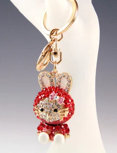 NEW KITTY BUNNY RABBIT RED CLEAR GENUINE CRYSTALS KEY CHAIN BAG PURSE CHARM - Bild 1 von 2