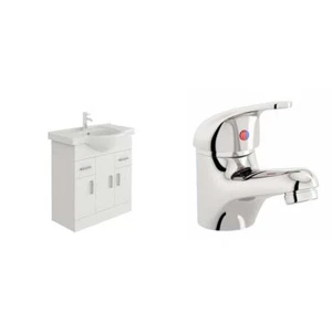 Bathroom Vanity Unit & Sink Basin Furniture Set 750 White Mono Chrome Mixer Tap - Picture 1 of 8