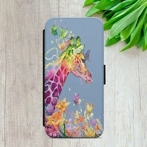 GIRAFFE WATERCOLOUR GIFT FLIP WALLET PHONE CASE COVER FOR IPHONE SAMSUNG GOOGLE - Picture 1 of 9