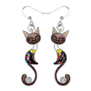 Women Cute Colorful Cat Earrings Cubic Zirconia Hook Dangle Drop 925 Silver Gift