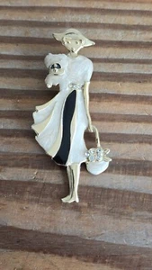 Vintage Enamel Brooch - Lady and dog with clear rhinestones - Picture 1 of 5