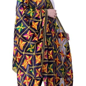 Women Chiffon Phulkari Navy Blue Dupatta  Embroidery Indian Scarf Party Wear  - Picture 1 of 4