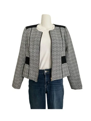 Blazer Calvin Klein Moderno Tweed Check - Negro/Blanco, Cremallera Dorada, Talla Pequeña Foto 1 de 3