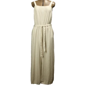 Sonoma Linen Blend Pinstripe Sleeveless Jumpsuit Belted DISTRESSED White & Tan L - Picture 1 of 24