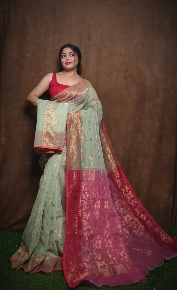 HANDMADE Women's Ethinc Wear Resham Silk Dhakai Jamdani Sari Hand Made Saree Blouse