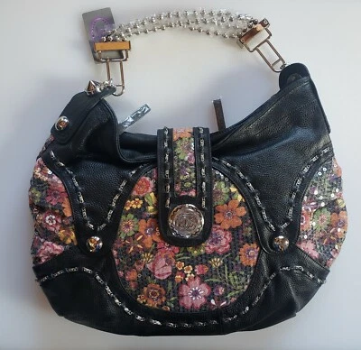 Sharif Black Leather Hobo Sequin Overlay Floral Unique Rare Handbag READ  - Image 1 of 4