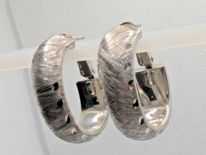 Sterling Silver 925 Etched Wide Oval Hoop Earrings, slightly puffy-  Italy - Picture 1 of 6