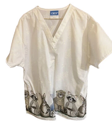 Crest Women'White Animal, Print Short Sleeve V-Neck Pocket Scrub Shirt Sz L - Image 1 of 3