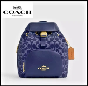 COACH CAS99 Pace Backpack Signature Denim Blue Vachetta Leather Outlet New - Picture 1 of 13