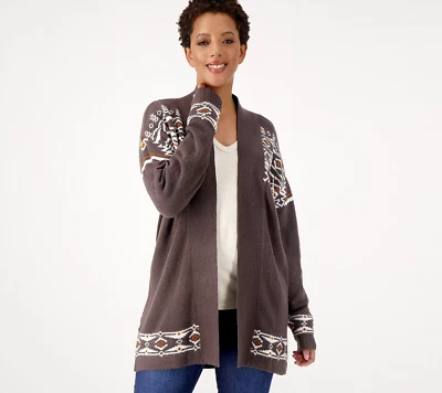 Denim & Co Open Front Cardigan with Fair Isle Shoulder Detail Charcoal M A520282 - Image 1 of 2