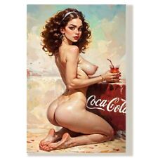 Leinwand montiert | oder Blechfarbe Vintage vollnacktes Mädchen Coca Cola Kühlschrank 42488