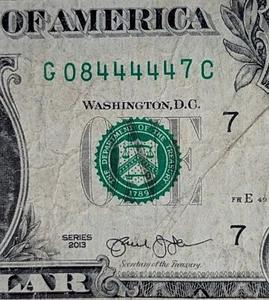 2013 $1 bill fancy serial, five in a row 4s, G 08444447 C - Picture 1 of 3
