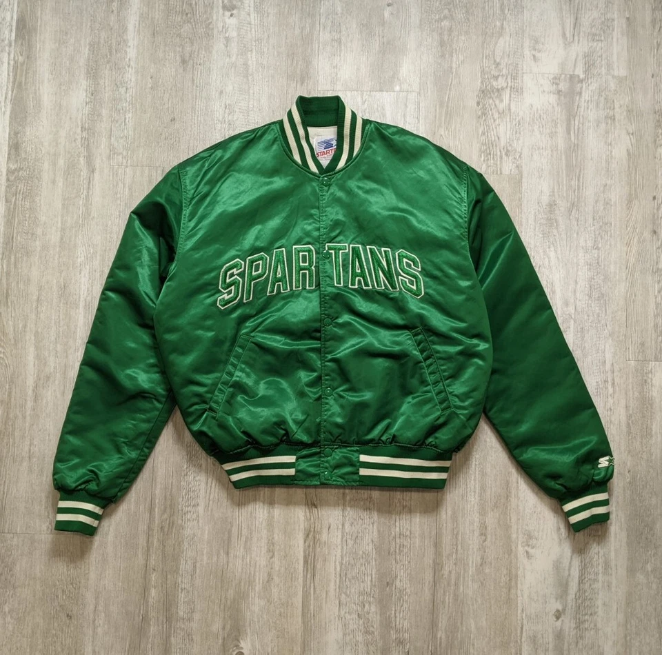 Vintage Michigan State Spartans Starter Satin Bomber Jacket Quilted Size XL USA - Image 1 of 4
