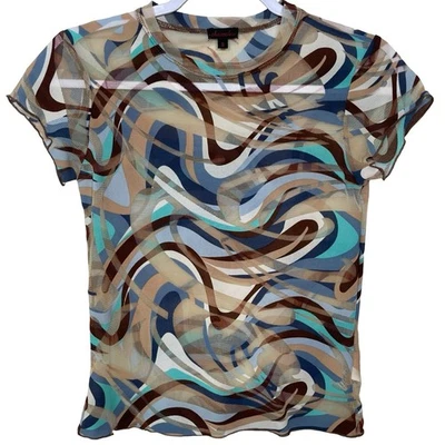 Vintage Shameless Sheer Mesh Top Brown Blue Teal Psychedelic S Rave Y2K Groovy - Image 1 of 4