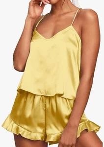 Medium Cami & Shorts PJs Set Yellow Silky - Picture 1 of 8