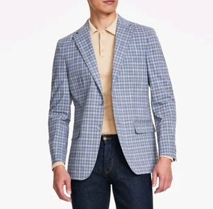 TOMMY HILFIGER Modern Fit Stretch Blue Gray Tan Check Sport Coat 38 Short - Picture 1 of 6