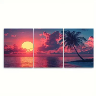 3pcs Vibrant Sunrise Palm Tree Metal Print Ready to Hang Art - Image 1 of 4